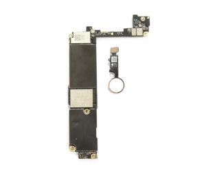 iPhone 7 logic board and white touch id button with rose colored ring